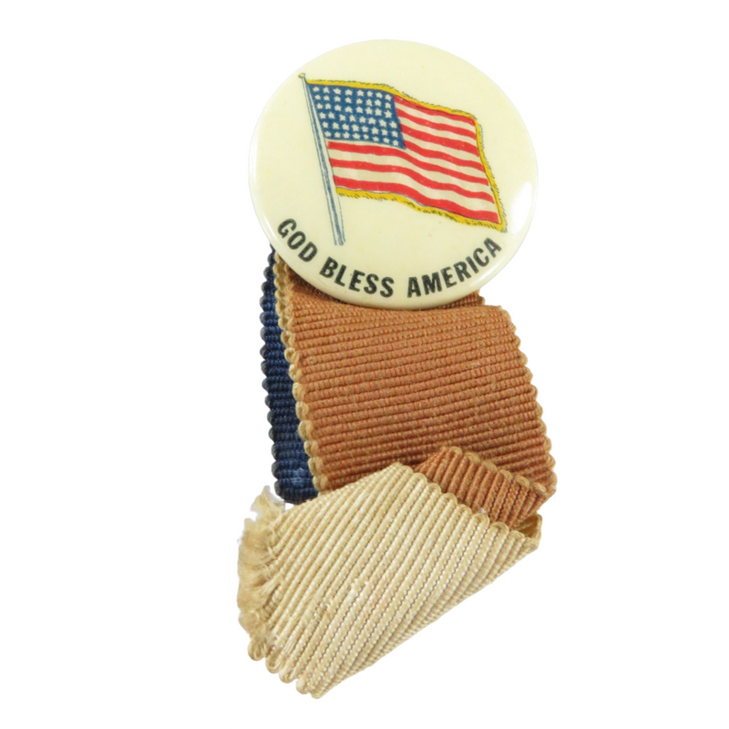 WW2 Home Front American Flag Red White & Blue Ribbon God Bless America Pinback Front View