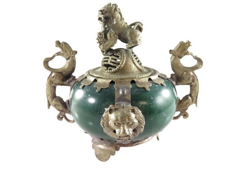 Vintage Tibetan Silver Green Nephrite Jade Dragon Foo Lion Incense Burner