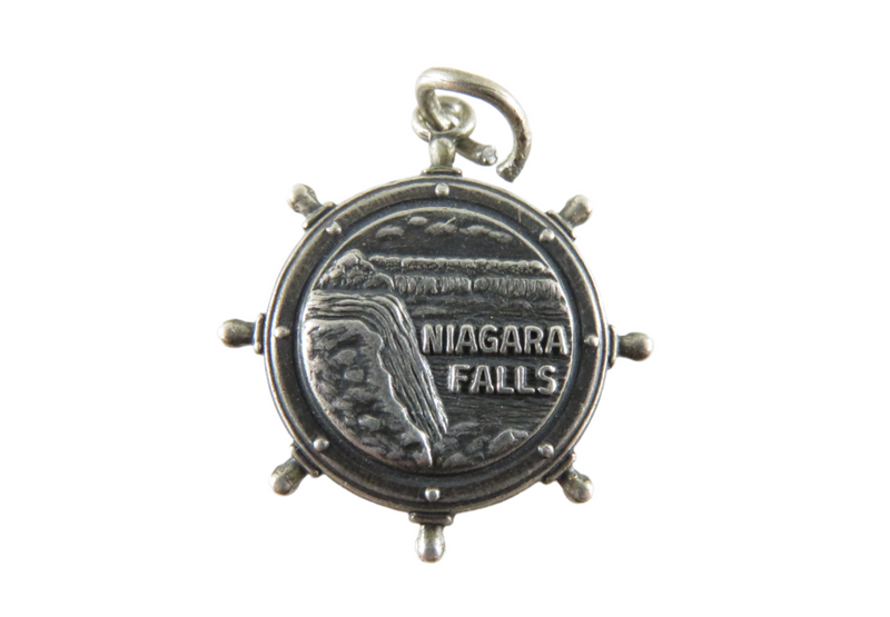 Vintage Sterling Silver Niagara Falls Ships Wheel Travel Charm Pendant — Sterling Silver, Silver — front view