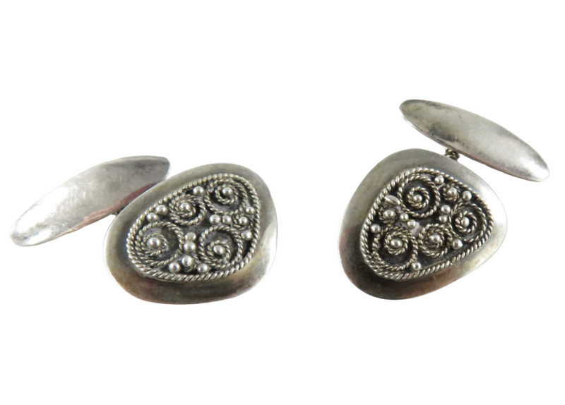 Antique Filigree & Ball Decorated Sterling Silver Cufflink with Bridge Pin Connection Top View