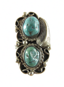 Old Pawn Navajo Double Turquoise Scrolling Feather Finger Ring Size 8.75 — Sterling Silver, Silver — front view