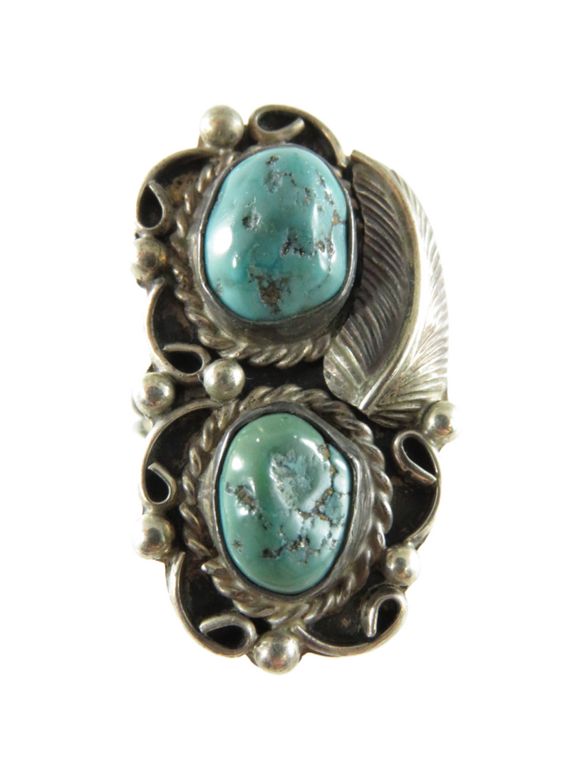 Old Pawn Navajo Double Turquoise Scrolling Feather Finger Ring Size 8.75