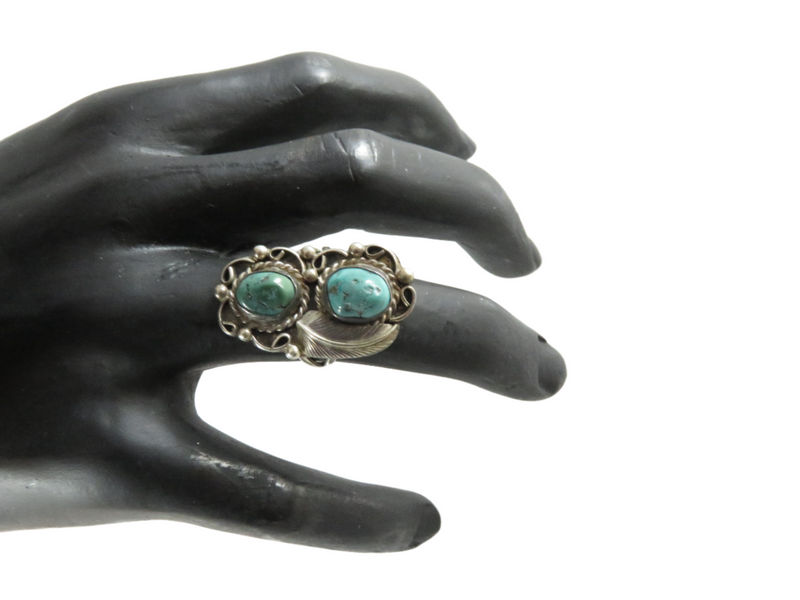 Old Pawn Navajo Double Turquoise Scrolling Feather Finger Ring Size 8.75 On Finger