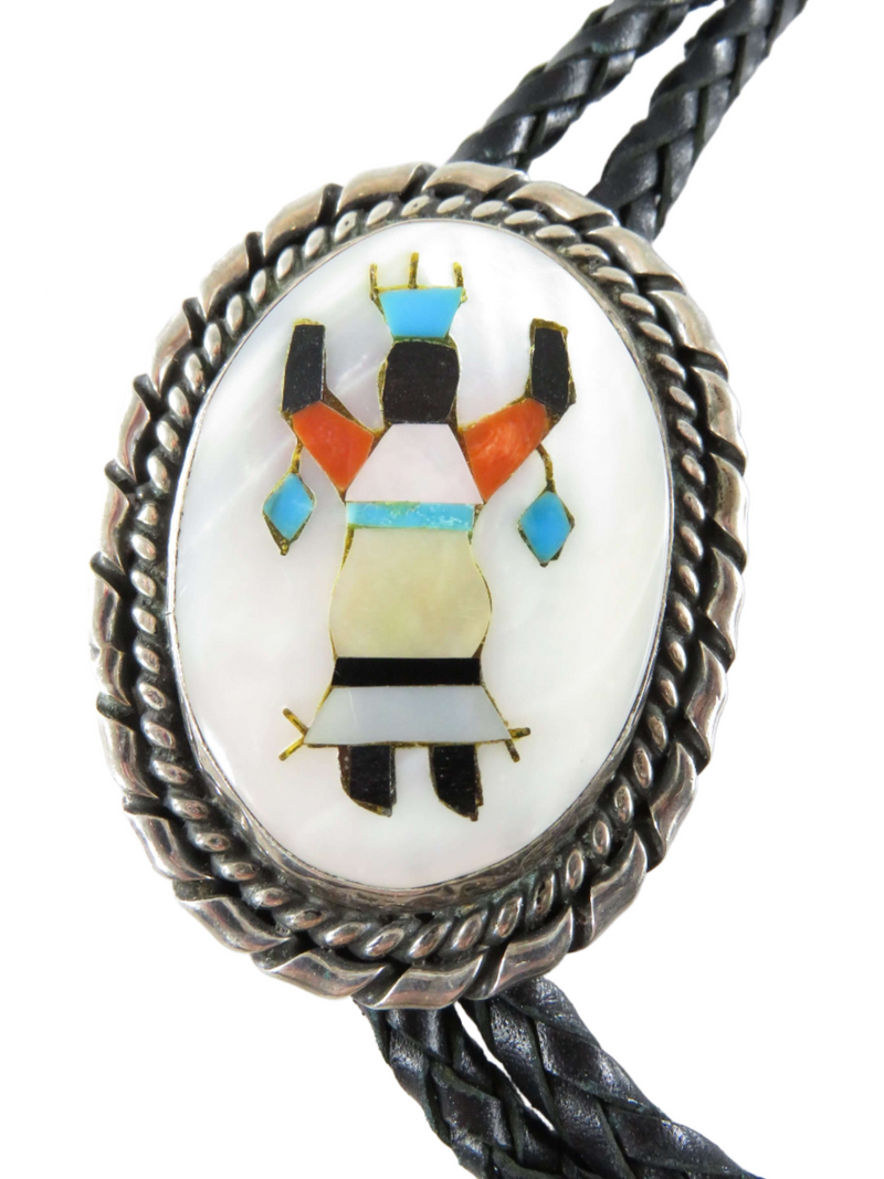 Circa 1960 Zuni Apache Ghan Crown Dancer Inlaid Sterling Silver Bolo Tie Bennett — Sterling Silver, Silver • Pearl — front vi