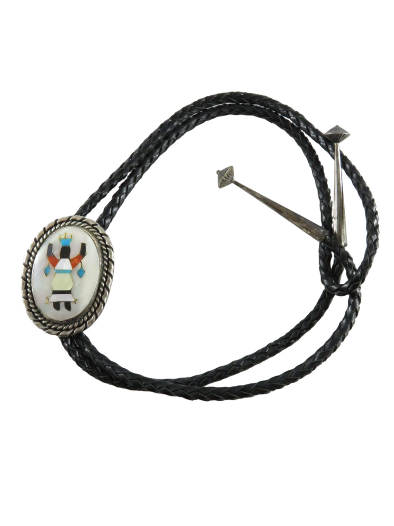 Circa 1960 Zuni Apache Ghan Crown Dancer Inlaid Sterling Silver Bolo Tie Bennett Full View