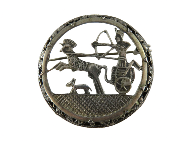 Egyptian Revival Ancient Chariot Dog Scene Art Deco Pierced 800 Silver Pin