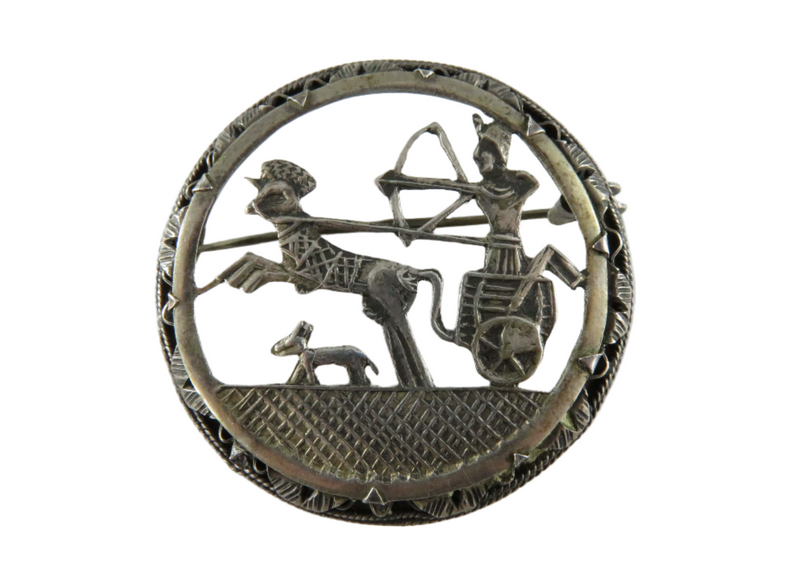 Egyptian Revival Ancient Chariot Dog Scene Art Deco Pierced 800 Silver Pin — Silver — front view