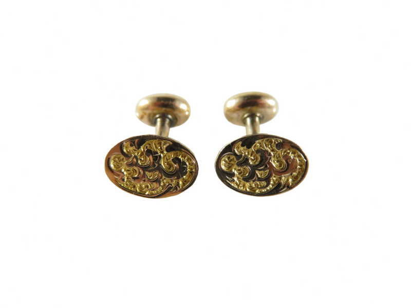 Edwardian Gold Filled Oval Scrolling Design Solid Curved Bean-Back Cufflinks