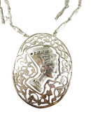 Egyptian Revival Silver Nefertiti Plaque Pendant Necklace with Sarcophagus Link Chain, Large 3.5" Restoration — Silver — fron