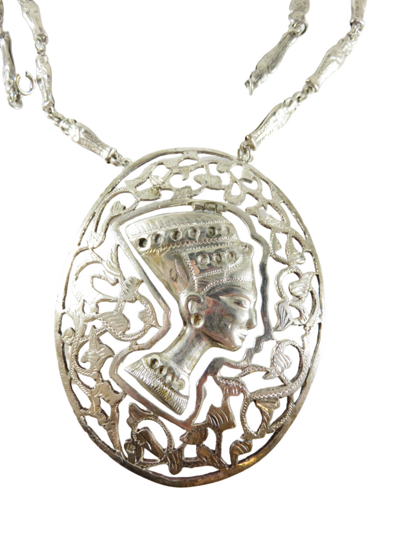 Egyptian Revival Silver Nefertiti Plaque Pendant Necklace with Sarcophagus Link Chain, Large 3.5" Restoration — Silver — fron