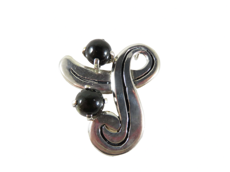 Fetching Modernist Swirling Silver & Onyx Brooch Pendant Taxco TC Conjoined