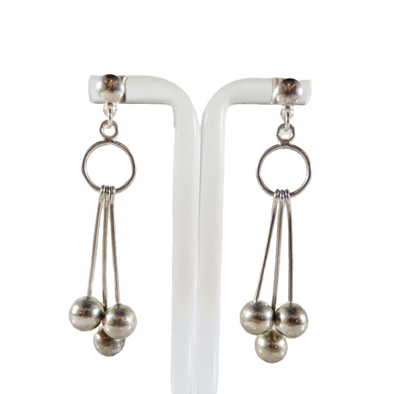 Artisan Modernist Ball & Rod Dangling Earring Set Hand Worked  Sterling Silver