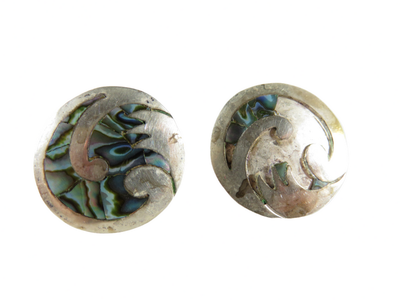 Modernist Round Free Form inlaid Abalone & Sterling NA Taxco Mexico Screw Back Earrings — Jewelry & Watches:Vintage & Antique