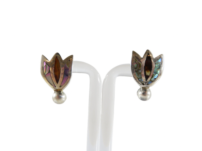 Vintage Figural Tulip Abalone & Sterling Taxco Mexico RCD Silver Screw Back Earrings