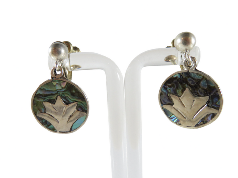 Figural Palm Leaf Disc Abalone & Sterling Taxco Mexico VKE Silver Screw Back Earrings — Jewelry & Watches:Vintage & Antique J