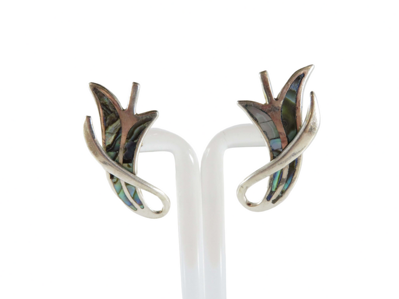 Art Nouveau Style Tulip Abalone & Sterling IAB Taxco Mexico Silver Screw Back Earrings