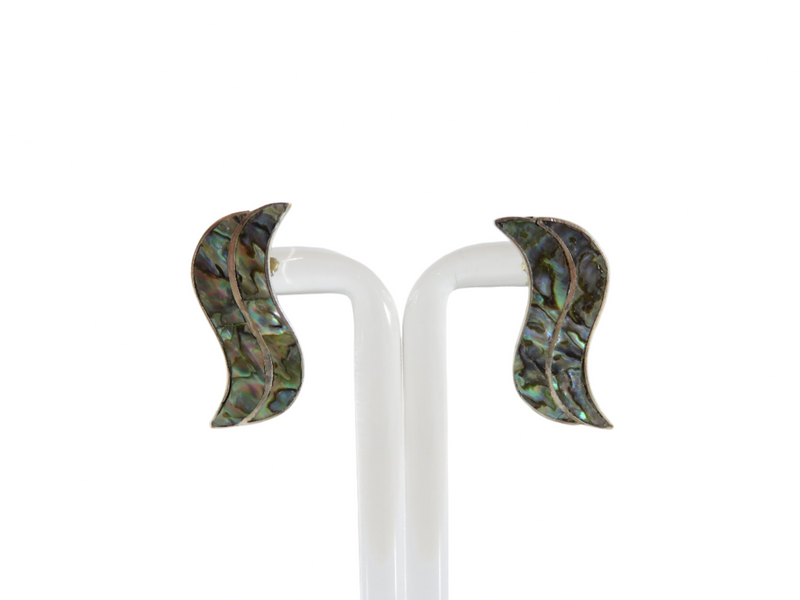 Vintage Modernist Wavy Abalone & Sterling G Taxco Mexico Silver Screw Back Earrings — Jewelry & Watches:Vintage & Antique Jew
