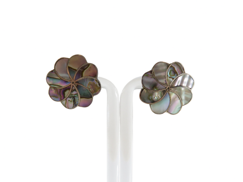 Pinwheel Flower Form Abalone & Sterling CBL Taxco Mexico Screw Back Earrings — Jewelry & Watches:Vintage & Antique Jewelry:Fi