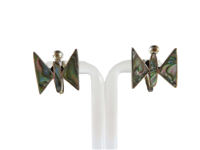 Butterfly Form Abalone & Sterling JHE Taxco Mexico Screw Back Earring Set