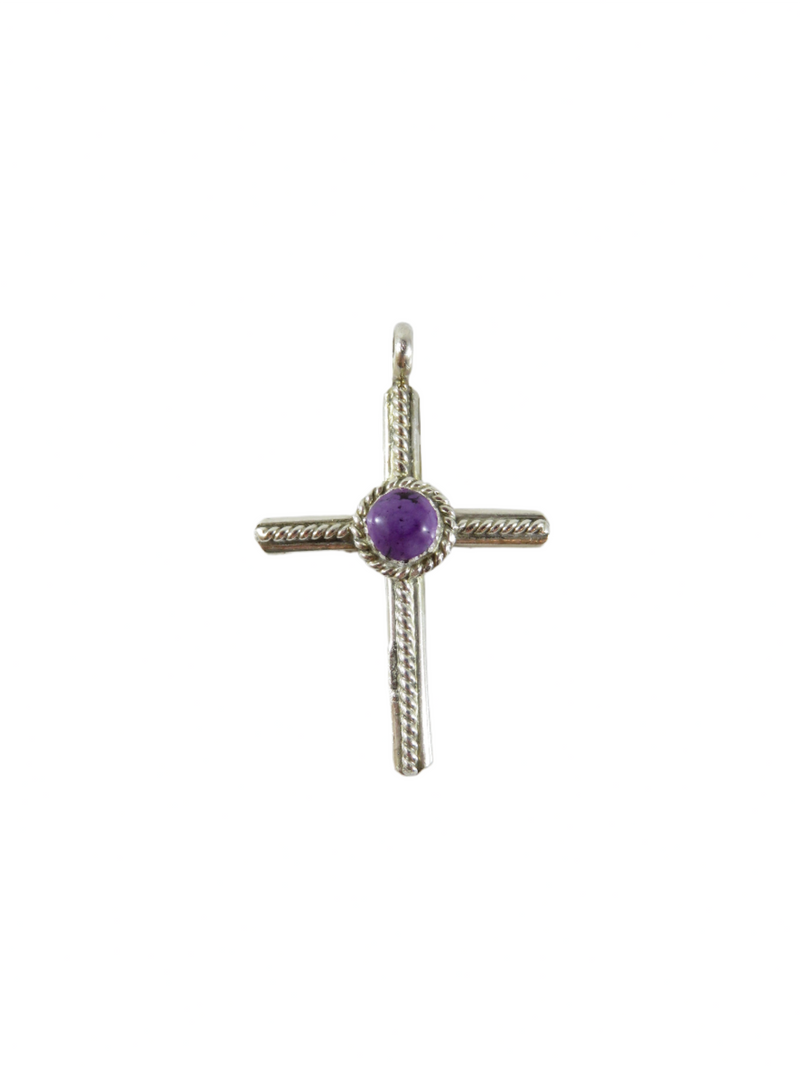 Vintage Southwestern Cabochon Purple Stone Wire Wrapped Sterling Silver Cross — Jewelry & Watches:Fine Jewelry:Fine Necklaces