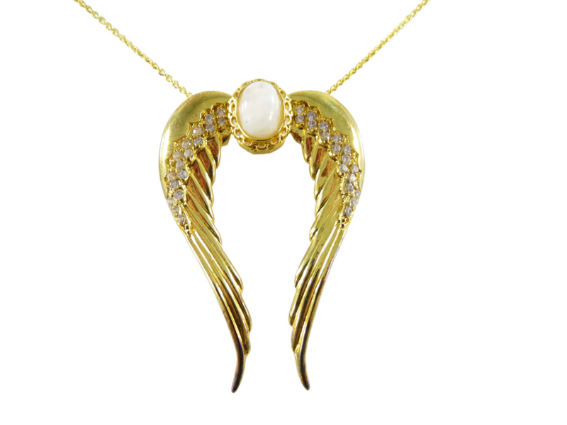 Gold Gilt Sterling Silver Guardian Angel Wing Necklace Faux Stones by My HWH