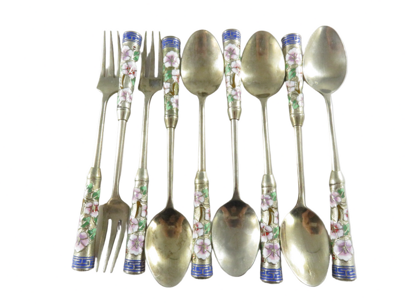 Vintage Seoul Korea Enameled White Metal Set of 6 Spoons and 3 Forks Souvenir