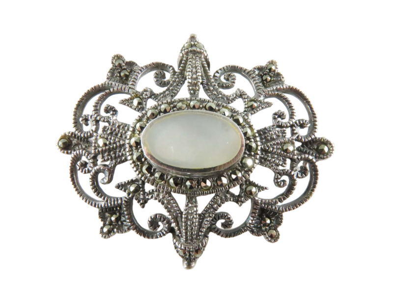 Lovely Sterling Marcasite Mother of Pearl Burst Brooch by Silver Unlimited