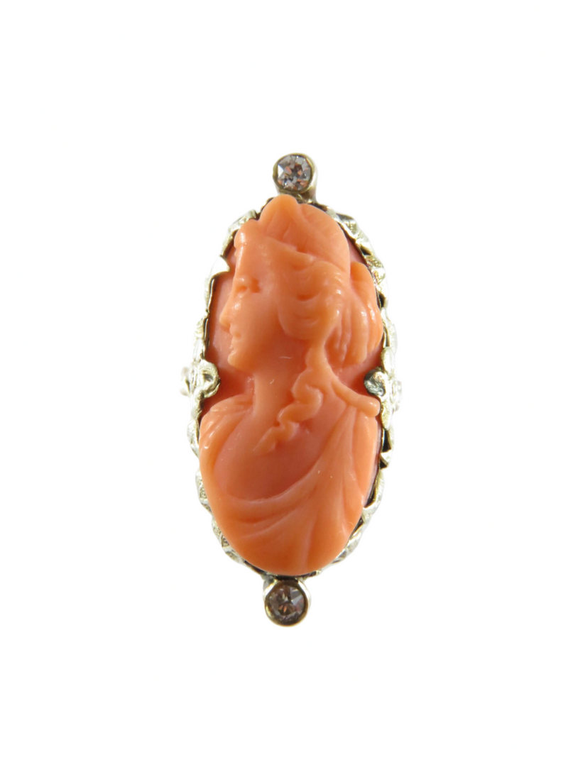 14K Carved Coral Cameo Diamond Fancy Setting Arts & Craft Ring Size 2 1/2