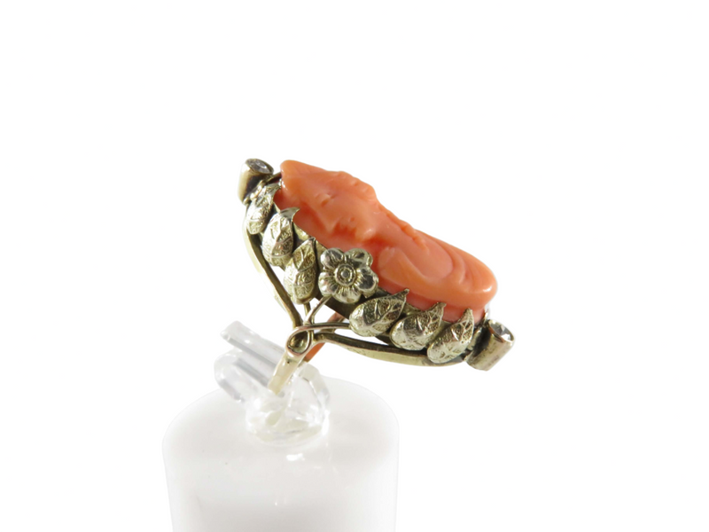 14K Carved Coral Cameo Diamond Fancy Setting Arts & Craft Ring Size 2 1/2 Side View