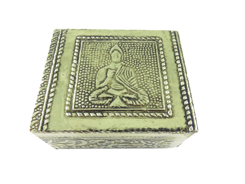 Asian Style Foil Wrapped Wood Trinket Box Hindu Design 3" x 2 1/2" x 1 1/2"