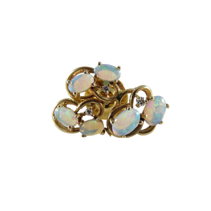 Stunning 14K Yellow Gold Opalescent Opal & Diamond Collar Lapel Pin