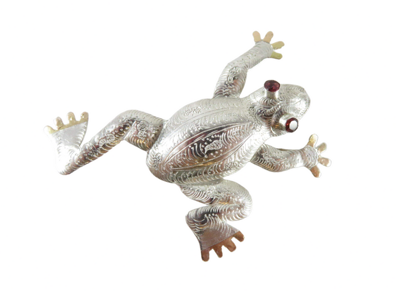 Artisan Sterling Repousse Tree Frog Brooch Pendant Stamped Etched Garnet Burgundy — Jewelry & Watches:Fine Jewelry:Fine Pins