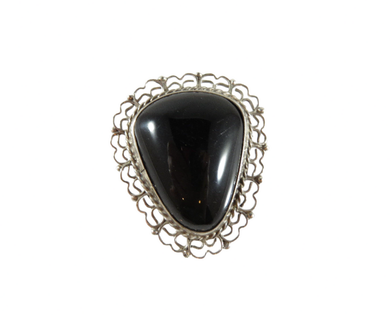 Vintage Polished Onyx Sterling Filigree Artisan Pendant Brooch Taxco Mexico