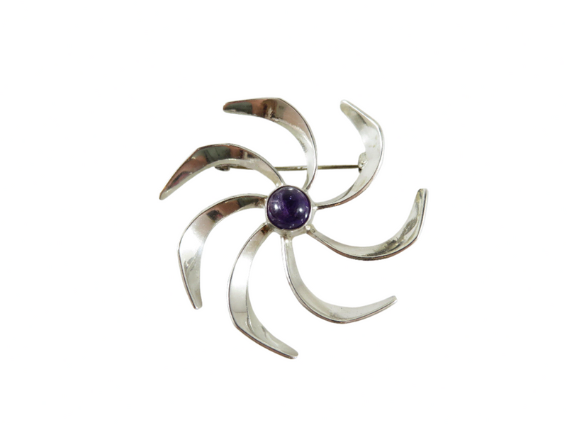 Taxco Mexico Vintage Modernist Pinwheel Cabochon Amethyst Sterling JH Brooch