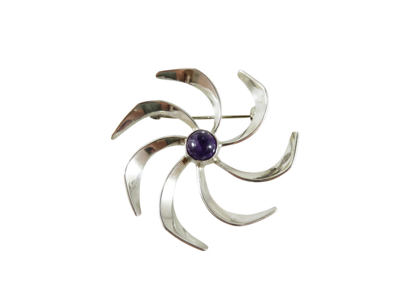 Taxco Mexico Vintage Modernist Pinwheel Cabochon Amethyst Sterling JH Brooch — Stunning Sterling • Sterling Silver, Silver •