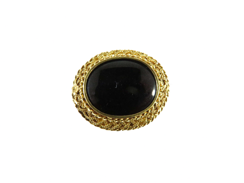 Victorian 18K Bezel & Wirework Oval Onyx Brooch with C-Clasp — 10K, 18K — front view