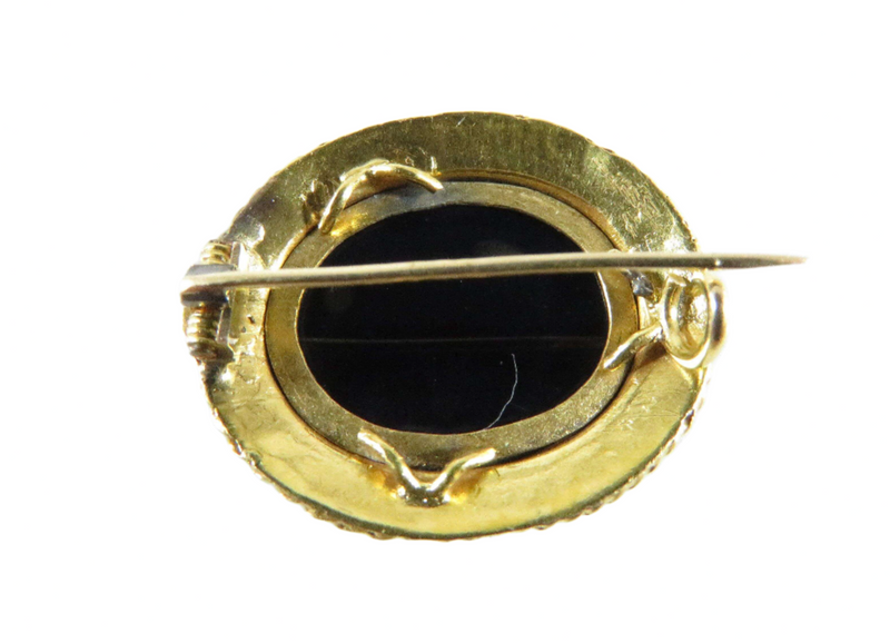 Antique 18K Yellow Gold Bezel Set Oval Onyx Pin C Clasp Back View