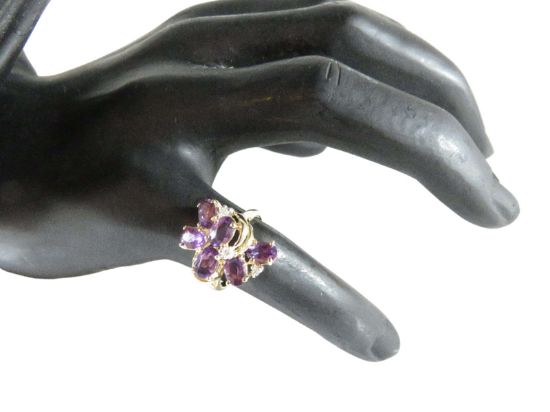 Amethyst & Diamond Cluster Cocktail Ring 14K Gold Signed FL 7 Oval Stones Size 6.75 — 14K, Gold • Diamond, Natural Diamond, A