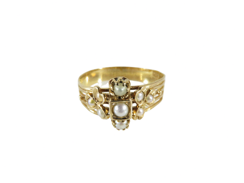 Early Victorian 18K Gold 3 Leaf Clover Pearl Statement Ring Size 8