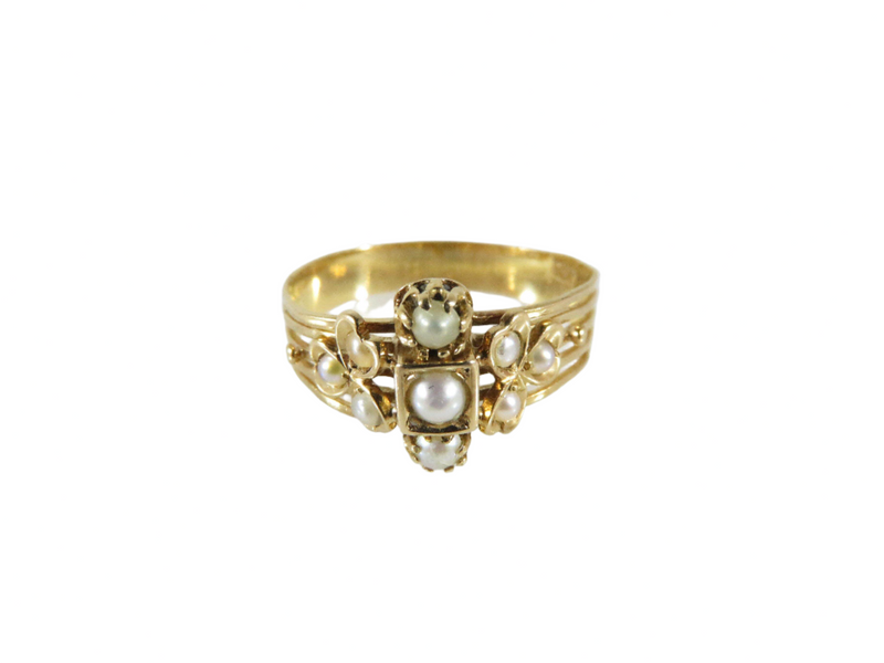 Early Victorian 18K Gold 3 Leaf Clover Pearl Statement Ring Size 8 — 18K, Gold • Pearl, Seed Pearl — front view