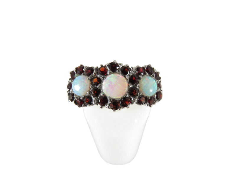 Unique Opal Statement Ring 14K Past Present Future Garnet Surround