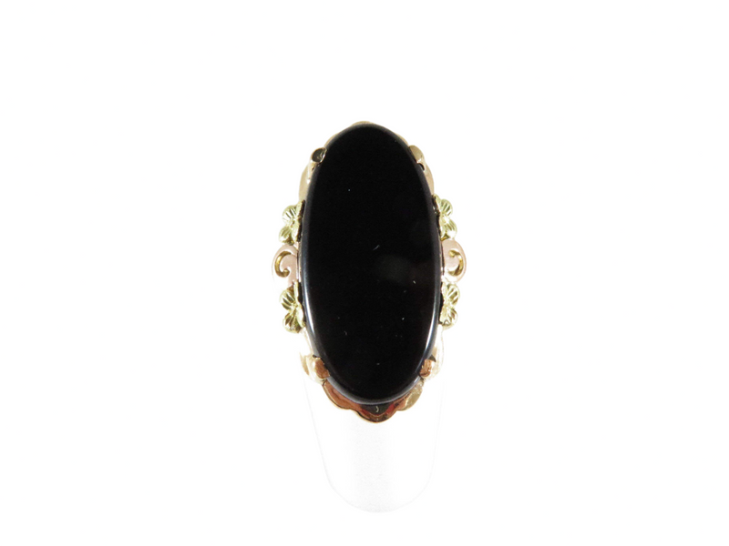 Bold Victorian Style Oval Onyx Rosy Yellow Gold Accented Cocktail Ring