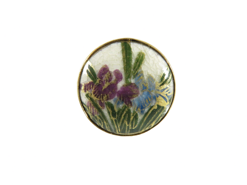 Antique Style Japanese Satsuma Iris Flower Ring Gilt Sterling Size 6.5