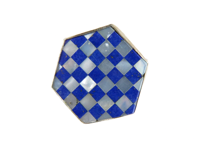 Artisan The Queen's Gambit Style Mother of Pearl Lapis Lazuli Inlaid Chess Ring