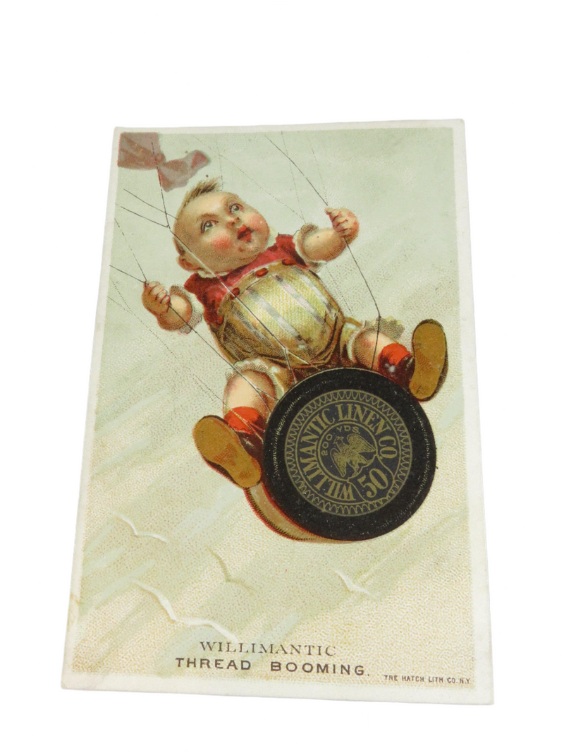 Willimantic Thread Booming Baby Flying Trade Card Rare Willimantic Linen Co