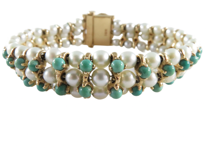 Beautiful 83 Pearl 52 Turquoise 7" TL Bracelet 14K Yellow Gold Setting 33.4 Gram — Jewelry & Watches:Fine Jewelry:Fine Bracel