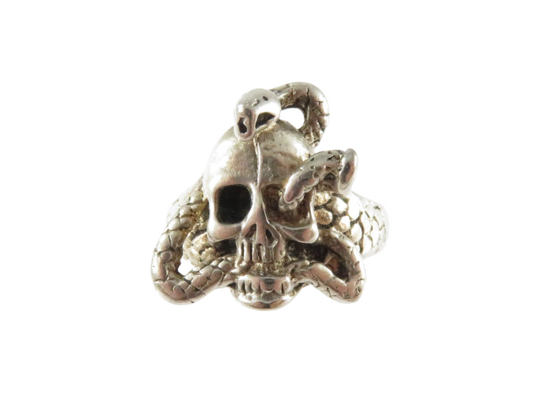 Silver Tone Artisan Signed Biker Skull Ring Size 6.75 Unisex Snake Skull Ring