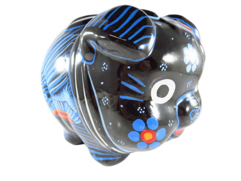 Hand Painted Black, Blue, Red, White, Orange, Mexican Terra Cotta Piggy Angled View