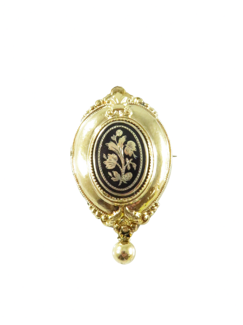 Victorian Gold Filled Floral Taille d'épargne Brooch with Dangle Front View