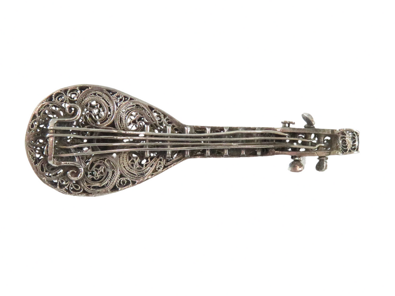 Victorian Sterling Silver Filigree Mandolin Brooch Pin Musical Instrument Brooch